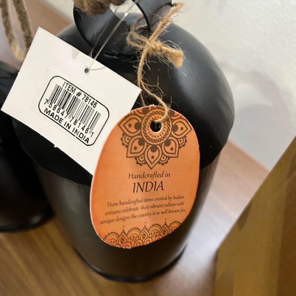 Black Metal Tibetan Inspired Decorative Cow Bells with Jute Hanging Rope - Picture 3 of 3